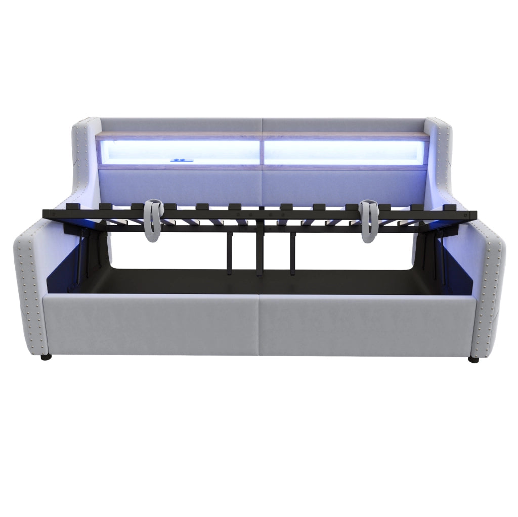 Divano letto ULEVR 90x200 cm con contenitore idraulico, LED, presa USB e Type-C, velluto grigio chiaro