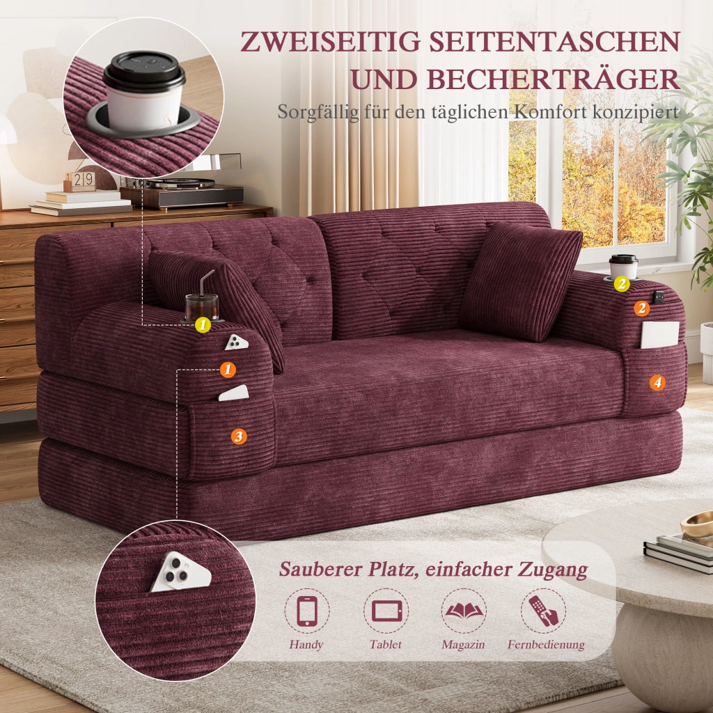 DIVANO LETTO 2 posti 168x80x81 cm in corduroy rosso vino
