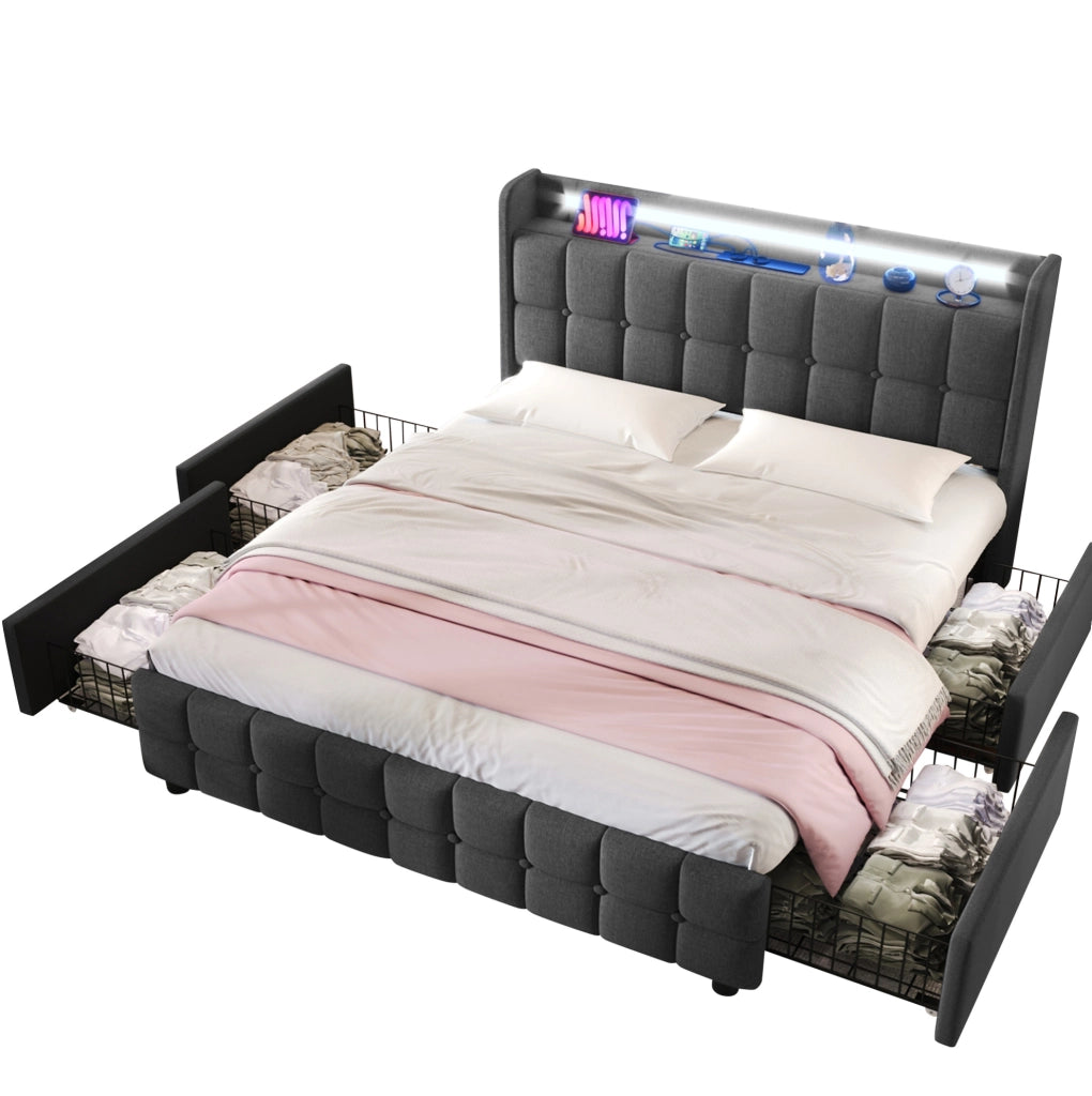 Letto matrimoniale 180x200 cm con LED; prese USB e 4 cassetti; legno grigio