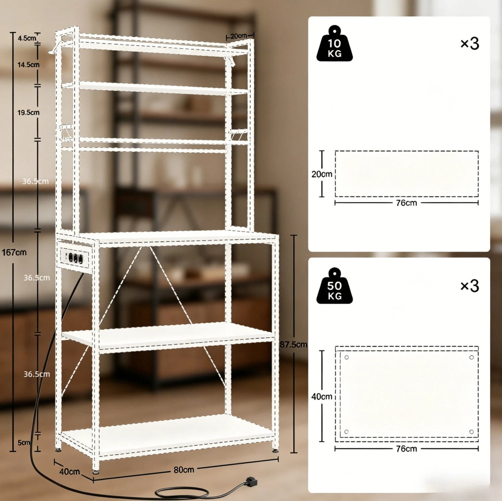 Scaffale cucina con prese, 6 ripiani aperti, 6 ganci, marrone rustico