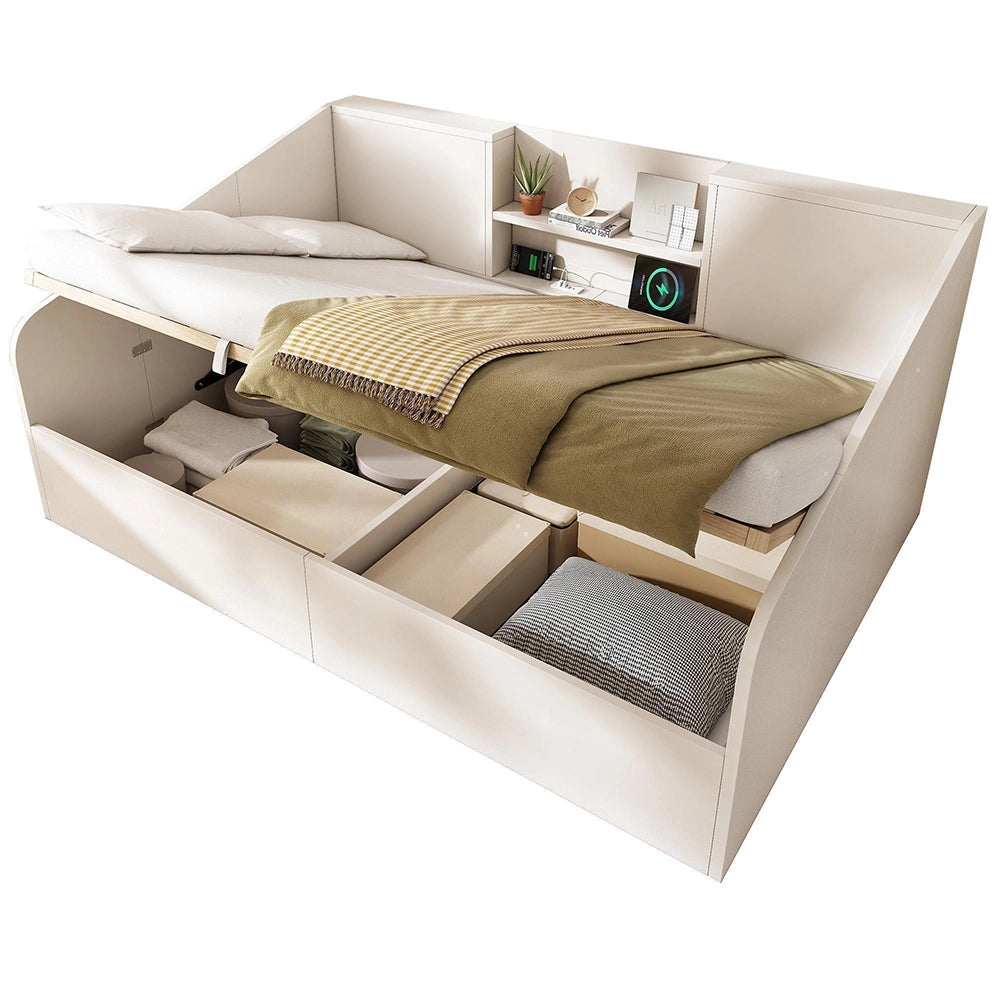 Letto giorno-Xylo-140x190cm legno 2 ripiani USB idraulico bianco senza materasso