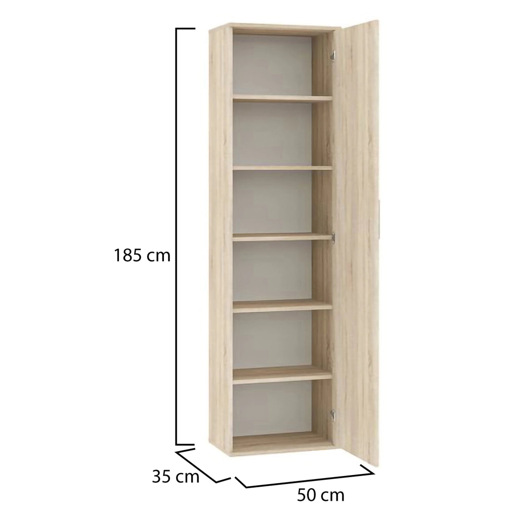 Lerosota, Armadio Multiuso 1 Anta 5 Ripiani, 50x185h cm Marrone Rovere