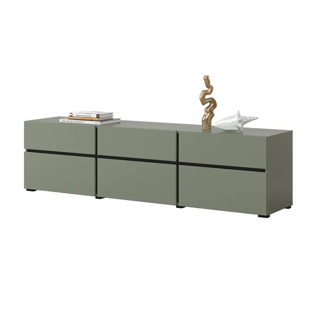 Mobile TV colore verde salvia 180cm collezione HAVANA. Mobile design con 3 porte e 3 cassetti.
