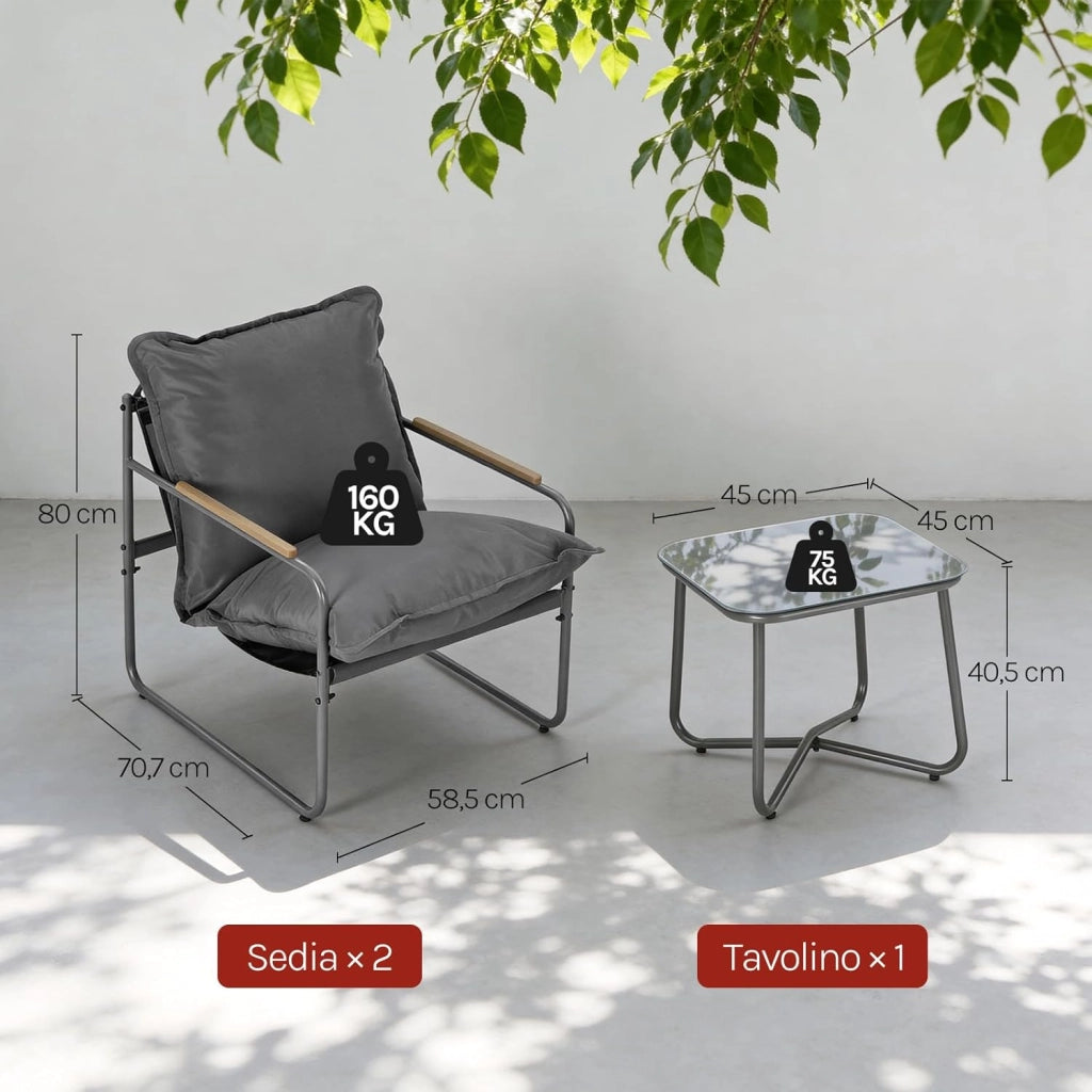 Set 3 Pezzi Salotto da Giardino per 2 Persone, Mobili da Esterno con 1 Tavolino e 2 Sedie con Cuscini Rimovibili, per Giardino, Terrazza e Balcone, in Metallo, Grigio