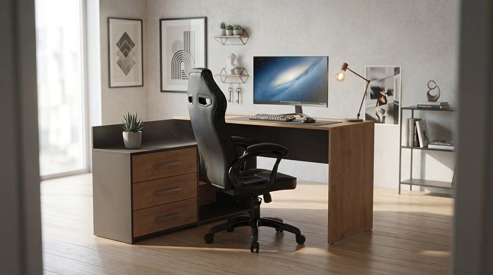 Set scrivania DANY angolare antracite e rovere artisan + poltrona DRIFT nero