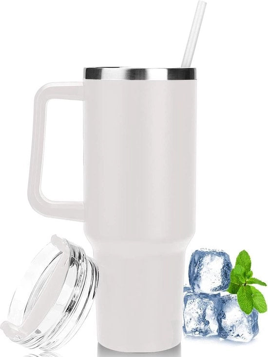 Bicchierino termico in acciaio inossidabile a doppia parete 1180 ml - con maniglia e beccuccio - per caffè, acqua e tè caldo e freddo - BPA-free - bianco