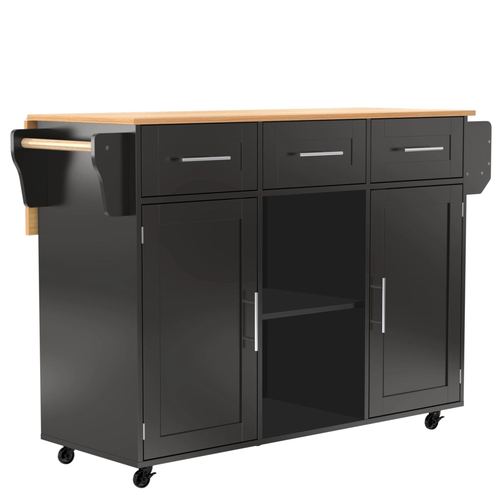 Carrello Isola Cucina 139x46/71x91;5 cm Nero con Piano Pieghevole; 3 Cassetti; Armadietti e Ruote