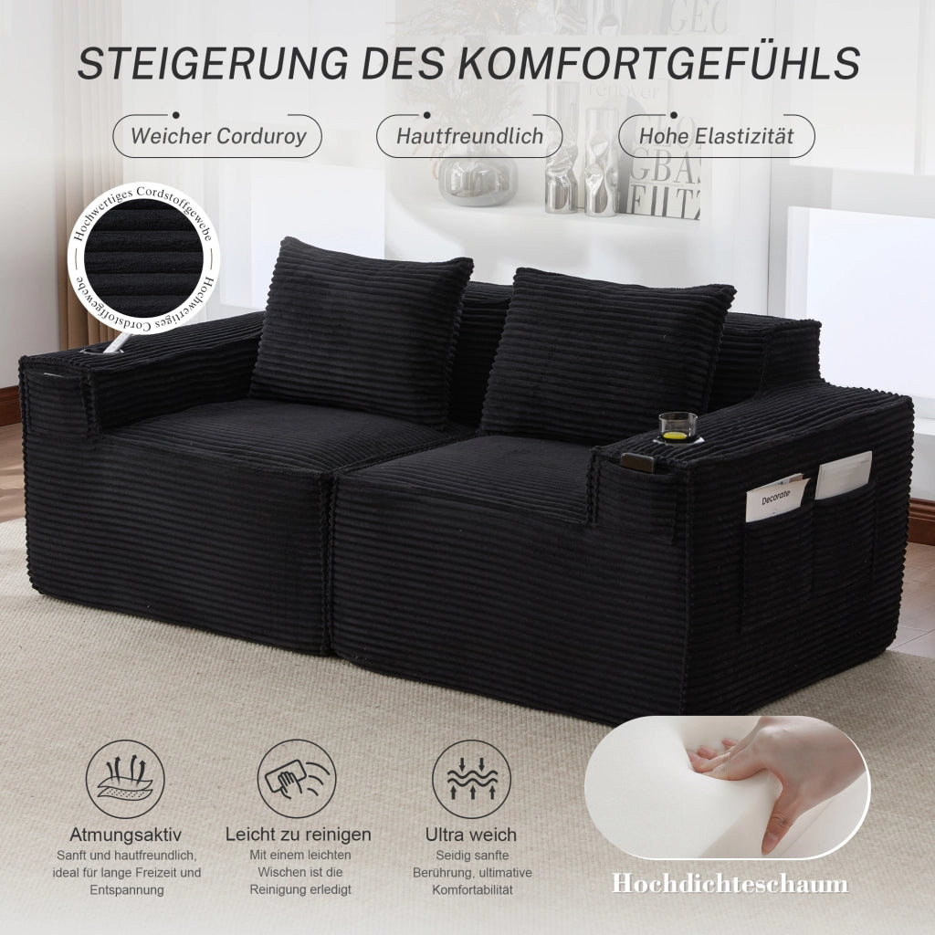Divano modulare a 2 posti in velluto a coste con portabicchieri e tasche laterali nero per soggiorno 188 × 90 × 75 cm