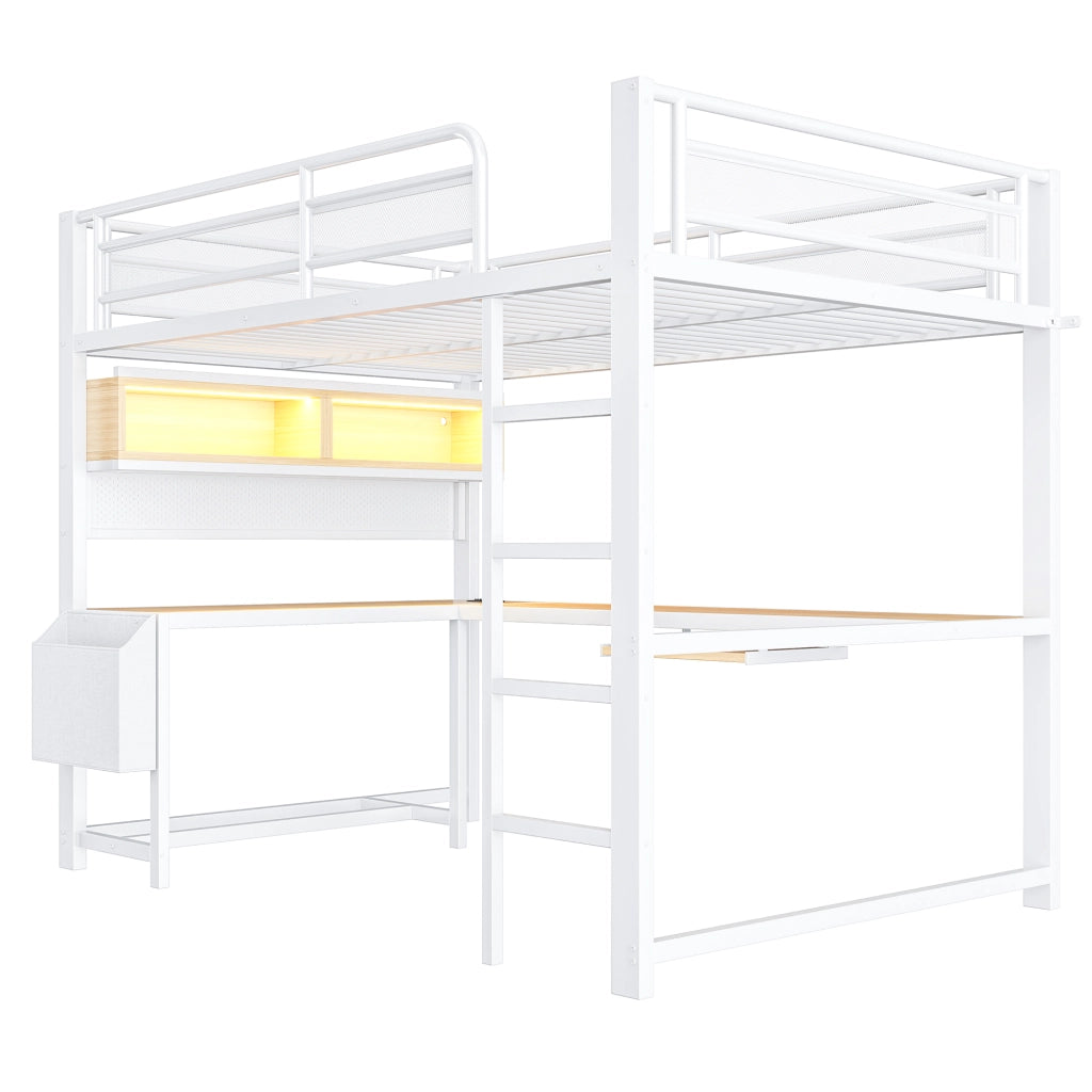 Letto a soppalco 140x200 cm con scrivania; LED e prese USB; bianco