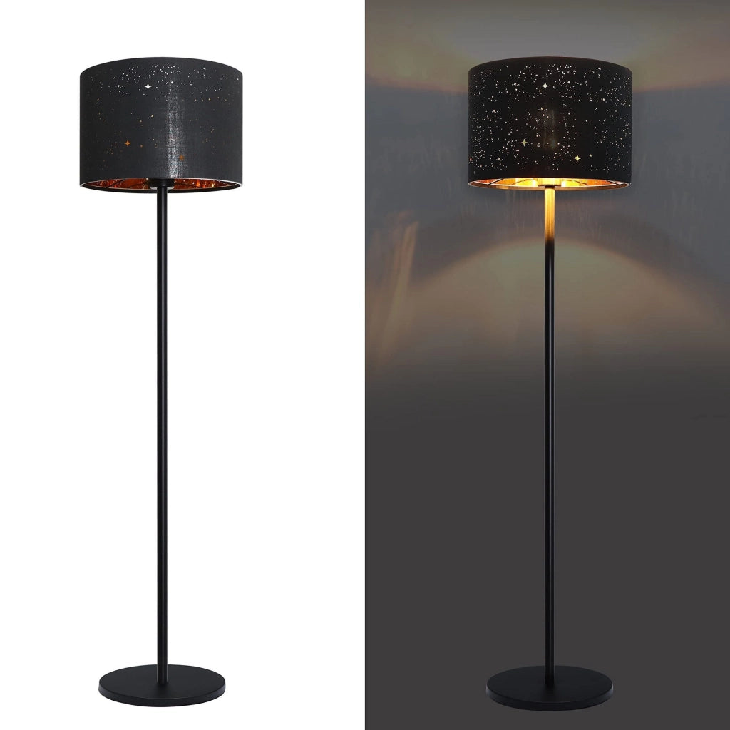ZMH Lampada da terra moderna tessuto nero oro E27 design stella 144cm max 40W con paralume
