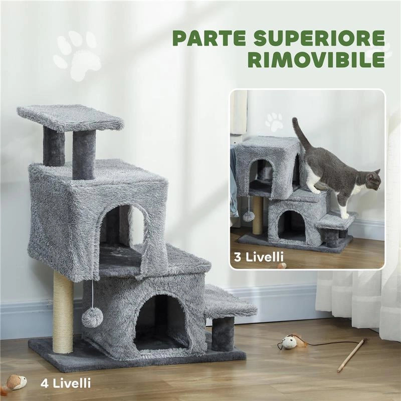 SCALETTA PER GATTI A 4 GRADINI REGOLABILE IN ALTEZZA CON 2 CASETTE, PALO TIRAGRAFFI E PALLINA, GRIGIO