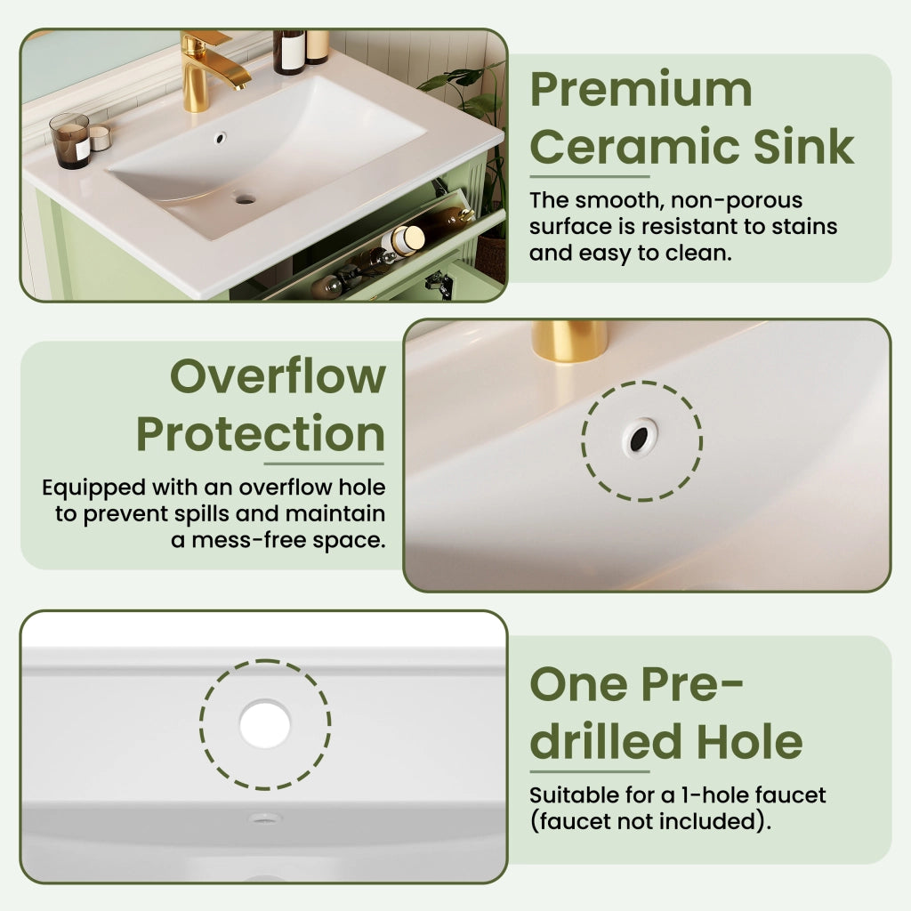 Mobile bagno autoportante 61 cm con lavabo in ceramica, MDF verde lucido