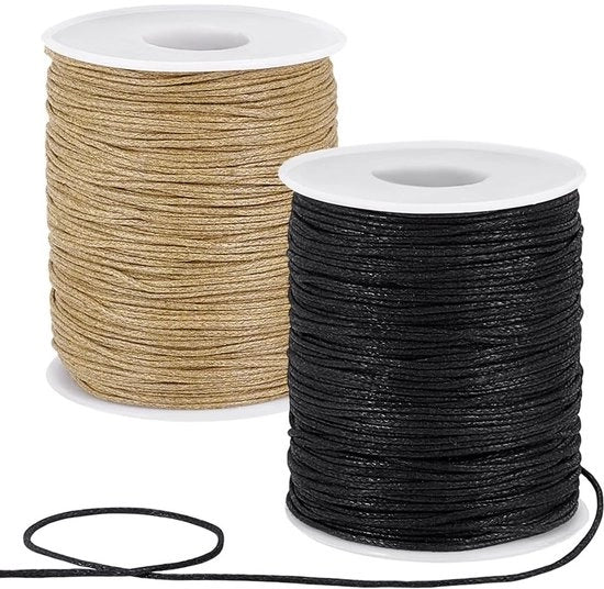 Cordone di cera 1 mm - 2 rotoli/set - Cotone - Burlywood/Nero - Per gioielli/ornamenti - Ampia gamma di applicazioni - Cordone per gioielli