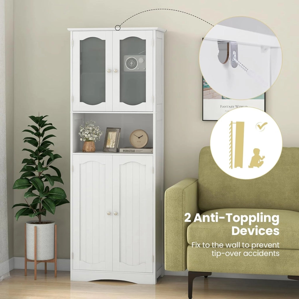 Armadio Alto da Bagno con Ante in Vetro Temperato, Ripiani Regolabili, Kit Anti-Ribaltamento, per Bagno, Soggiorno, Sala da Pranzo e Cucina, 60x30x164 cm (Bianco)