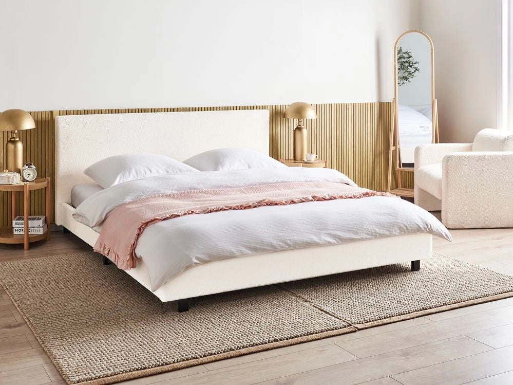 Letto matrimoniale imbottito bouclé bianco sporco 180 x 200 cm con rete e testata