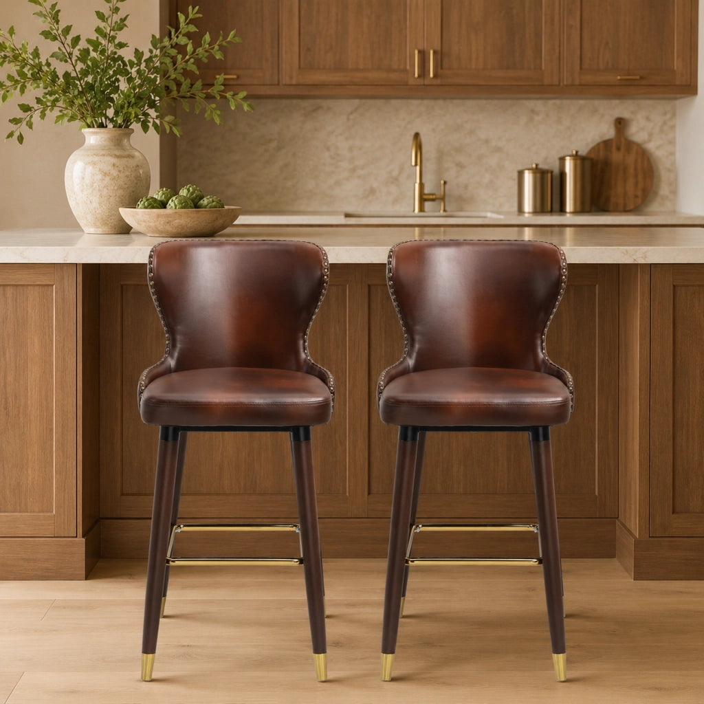 Set di 2 sgabelli da bar 52x53x101 cm con schienale basso; in legno marrone