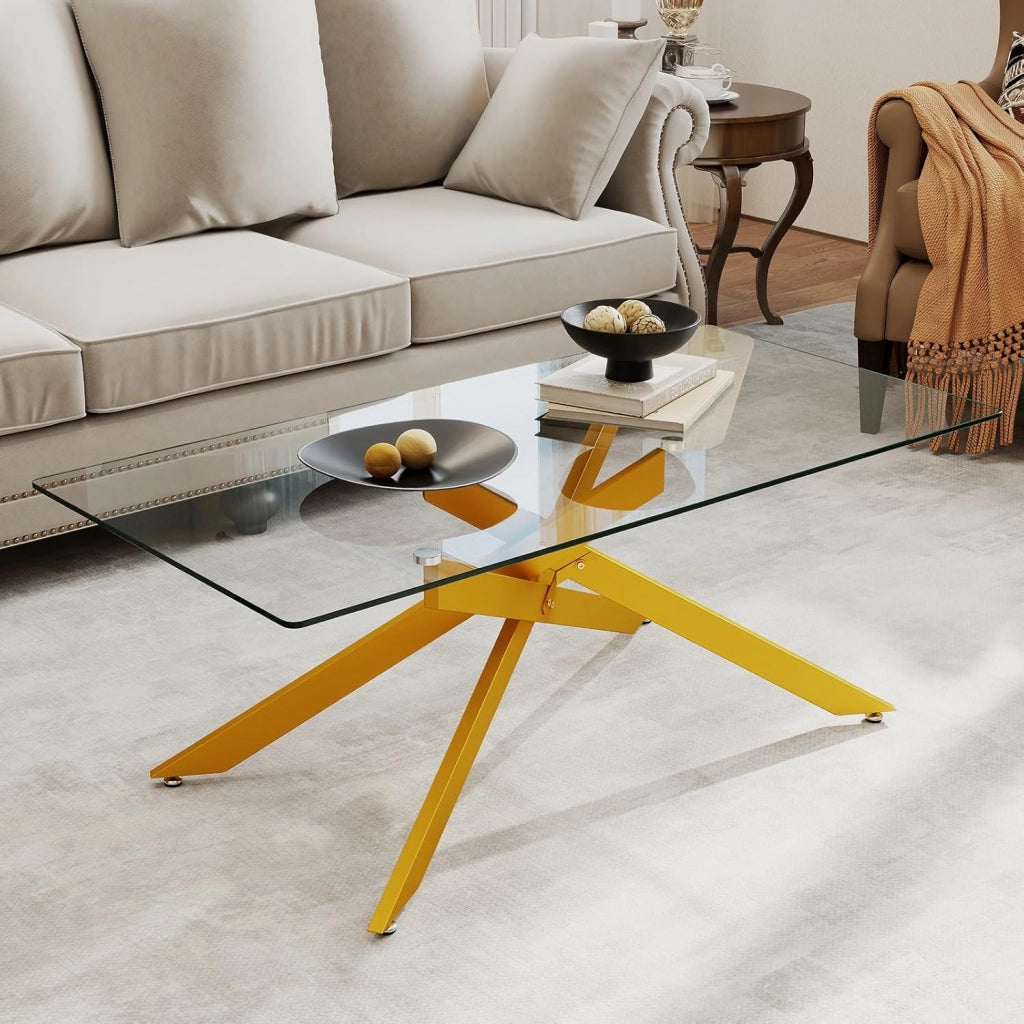 Tavolo da Caffè, Tavolino Salotto in Vetro Temperato con Gambe Incrociate in Metallo Placcato e Piedini Regolabili Antiscivolo, per Soggiorno e Ingresso, 120 x 60 x 45,5 cm (Oro)