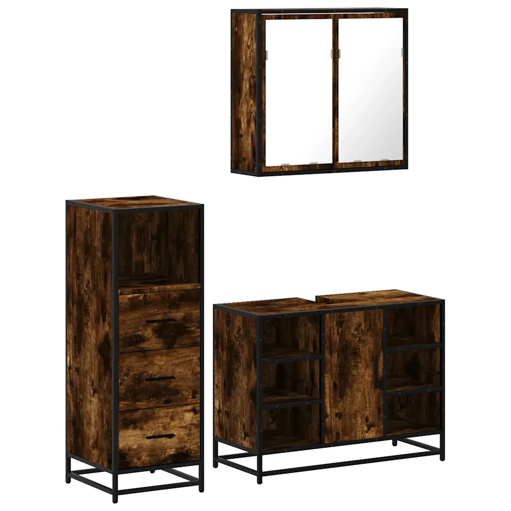 Set Mobili da Bagno 3 pz Rovere Fumo in Legno Multistrato