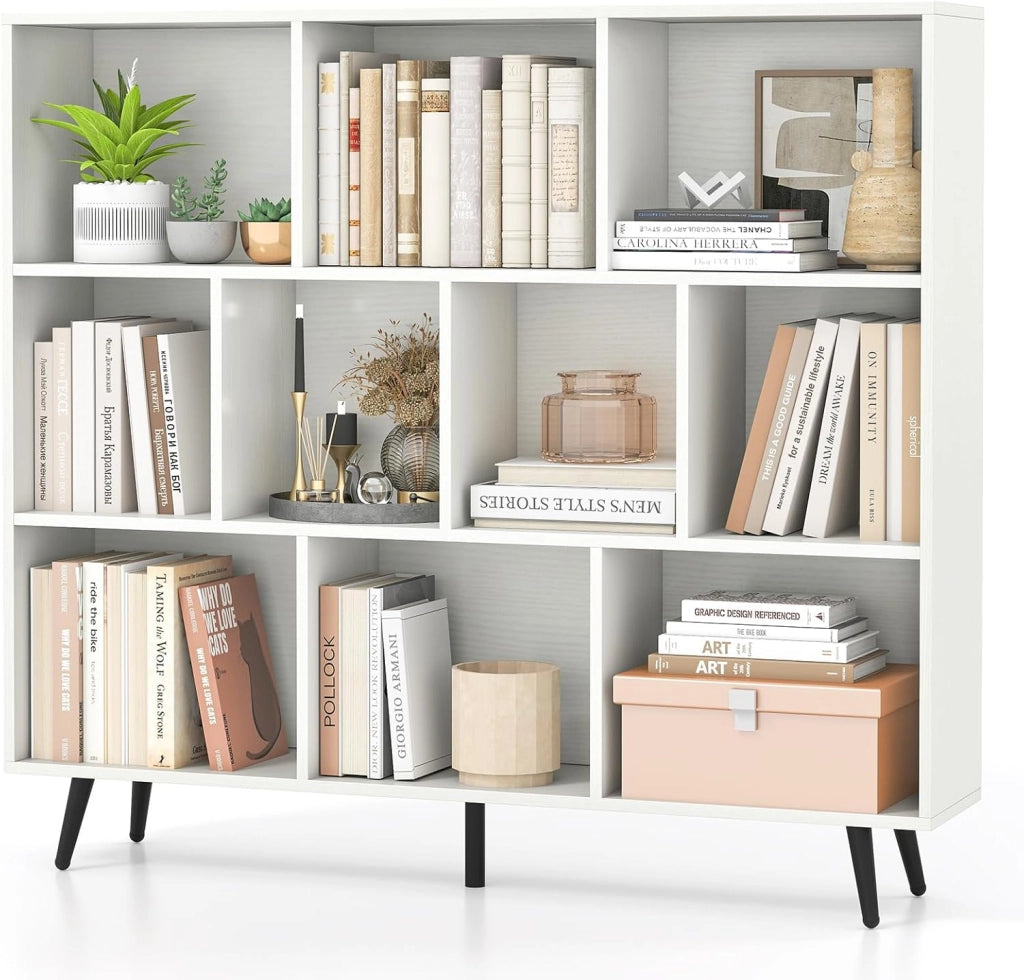 Libreria a 10 Cubi, Organizzatore di Stoccaggio Moderno con 5 Gambe di Metallo, Scaffale per Esposizione con 2 Kit Anti-Ribaltamento per Soggiorno Studio Camera da Letto, Bianco (120x24x107cm)