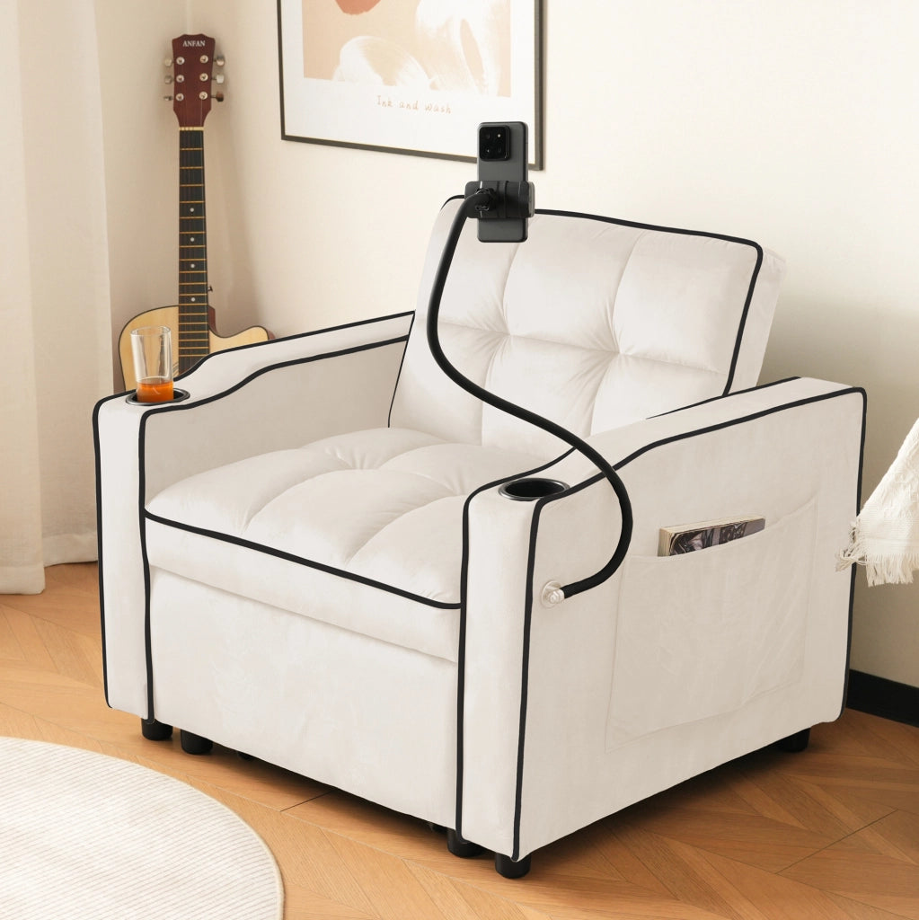 Poltrona letto 83x167x76 cm beige in velluto - schienale regolabile