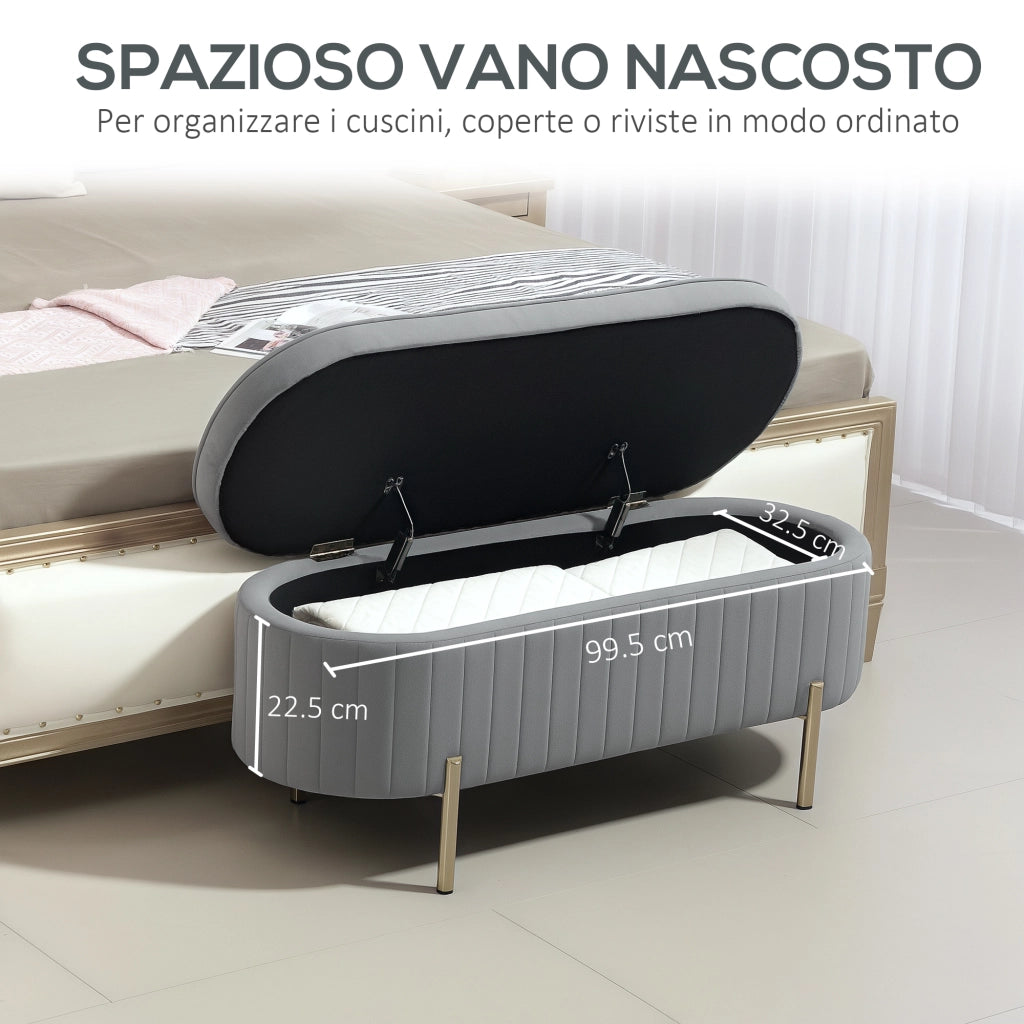 Panca Contenitore ¨C Minimal ¨C Grigio Tessuto Vellutato Legno 108x44x43.5 cm