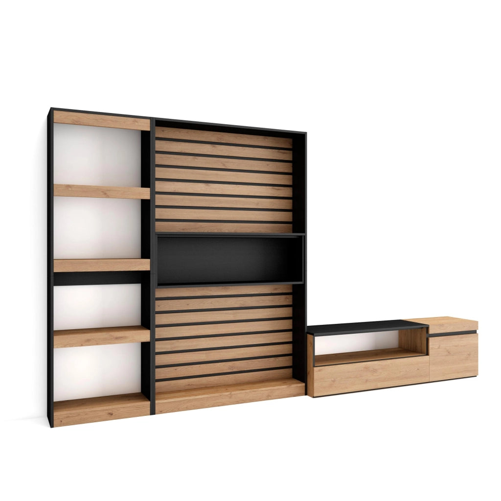 Mobile TV, Soggiorno, 320x35x186cm, Set di mobili, colore Rovere e nero RF2590