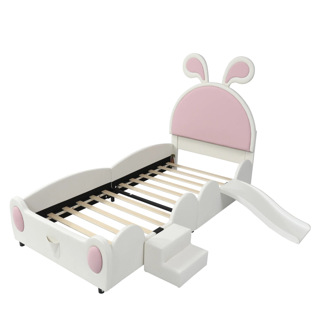Letto imbottito 90x200 cm con scivolo; scala e orecchie da coniglio in PU rosa e bianco