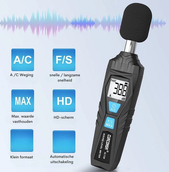 Decibelmetro Professionale - Misuratore del Livello del Suono - Misuratore del Livello del Suono - Decibelmetro Portatile - 30 dB a 130 dB - Display LCD - Utilizzabile in Abitazioni Privata - Fabbriche e Strade