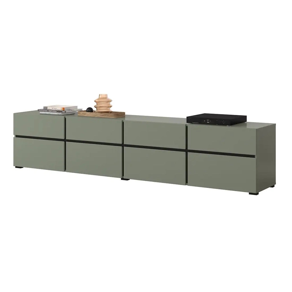 Mobile TV XL colore verde salvia e nero 225cm collezione HAVANA. Mobile design con 4 porte e 4 cassetti.