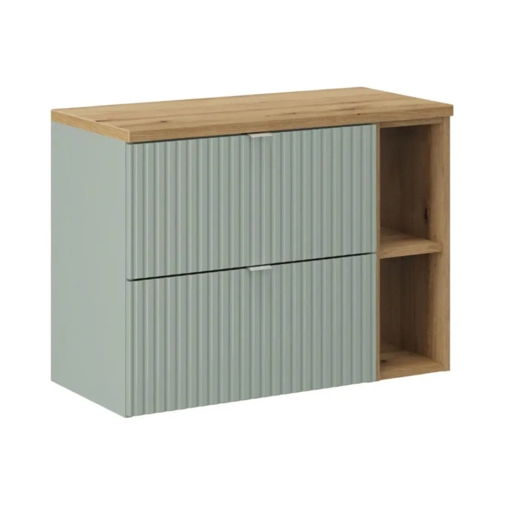 Insieme ELVINA 80cm: mobile sottolavabo con cassetti verdi e nicchie a vista + piano per lavabo effetto legno scuro