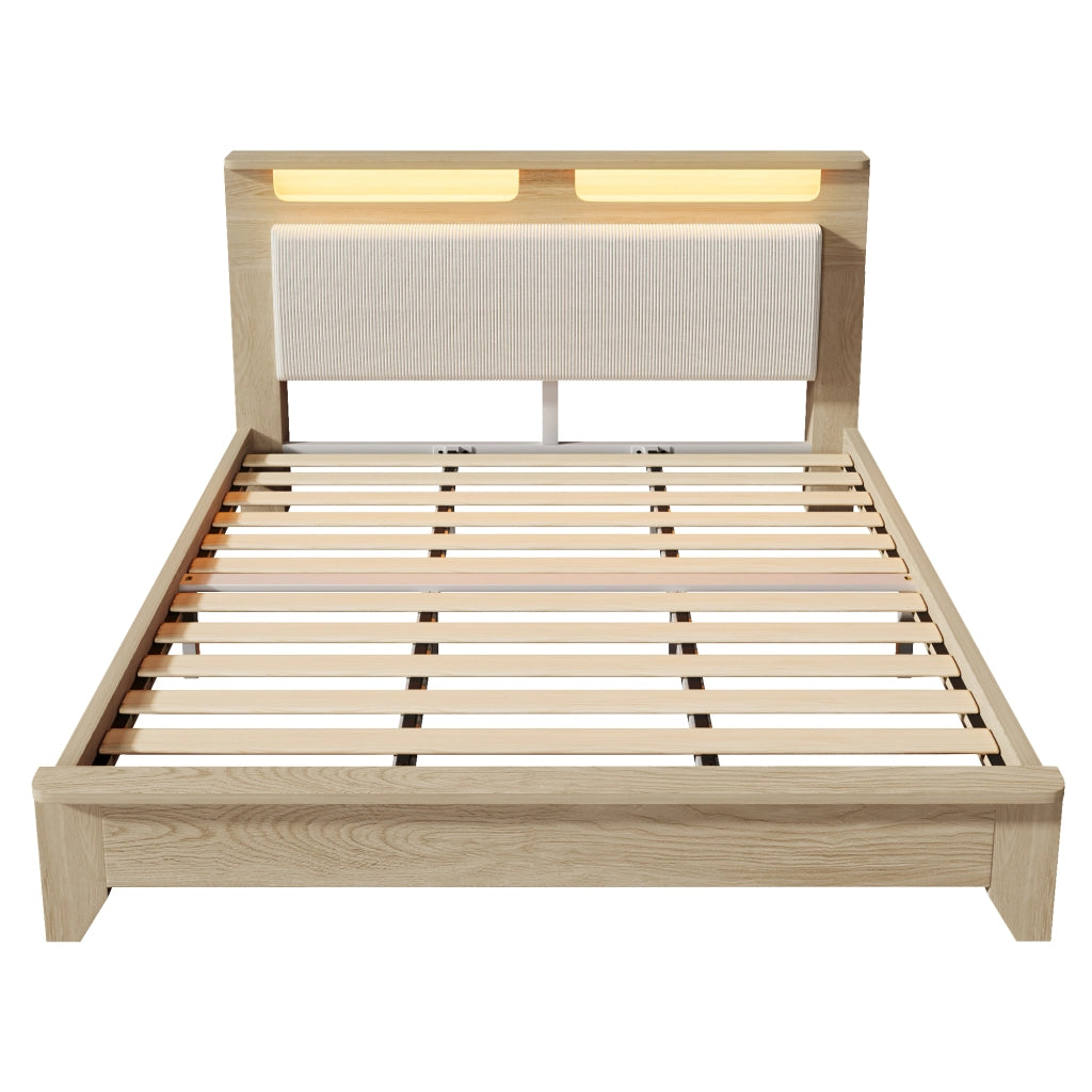 Letto Matrimoniale in Legno con LED e Contenitore ¨C MINIMAL ¨C Rovere Chiaro, Beige, 180x200
