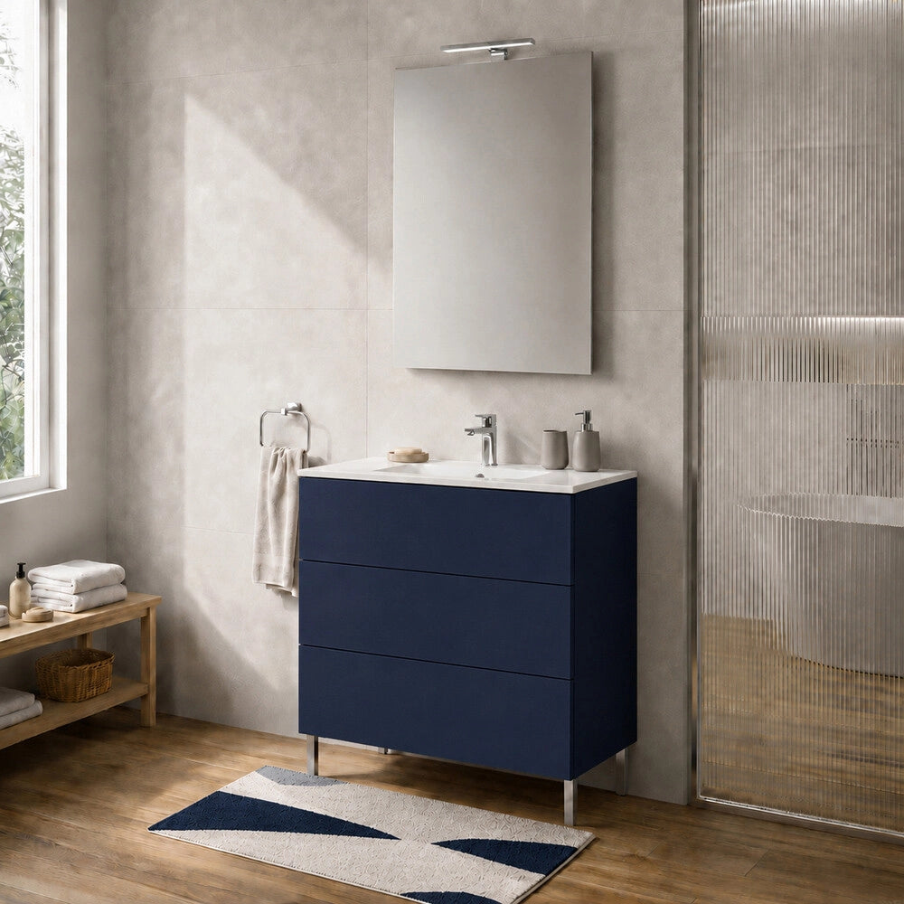 Mobile bagno a terra 70 cm blu tre cassetti push-pull con lavabo Tierra
