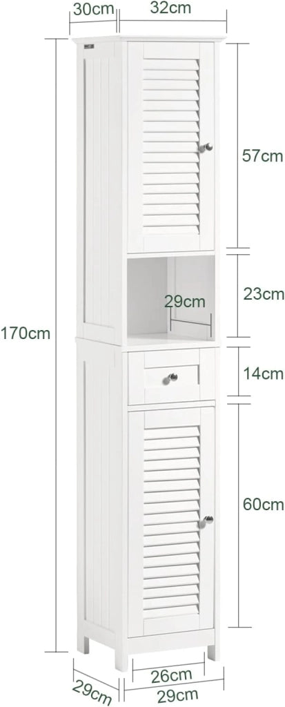Mobile Colonna Bagno Salvaspazio Bianco Armadio Alto con 2 Ante, 1 Cassetto e Ripiano Aperto Mobiletto Bagno per Lavanderia, WC o Cucina Bianco 32x170x30cm FRG236-W