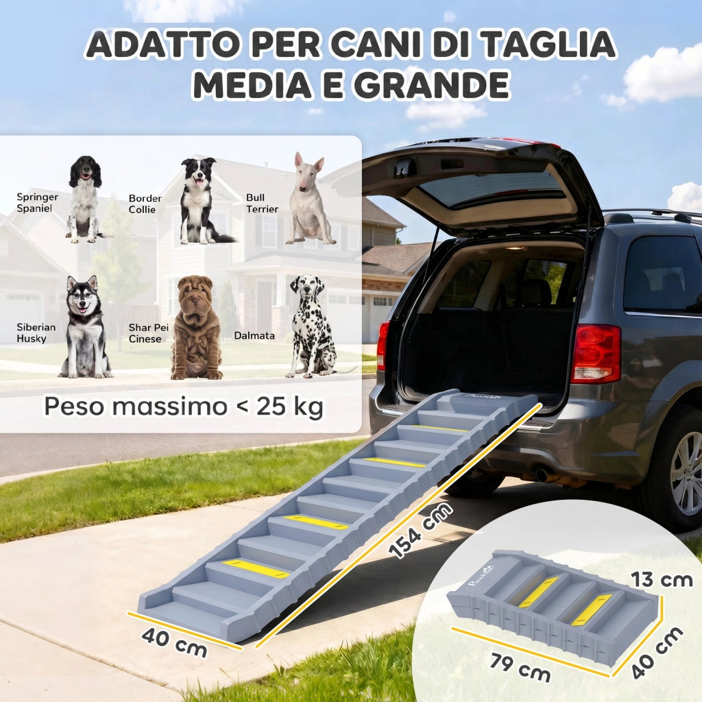 Rampa Pieghevole per Cani per Auto e Letti Alti a 10 Gradini con Strisce e Tappetini Antiscivolo, Grigio