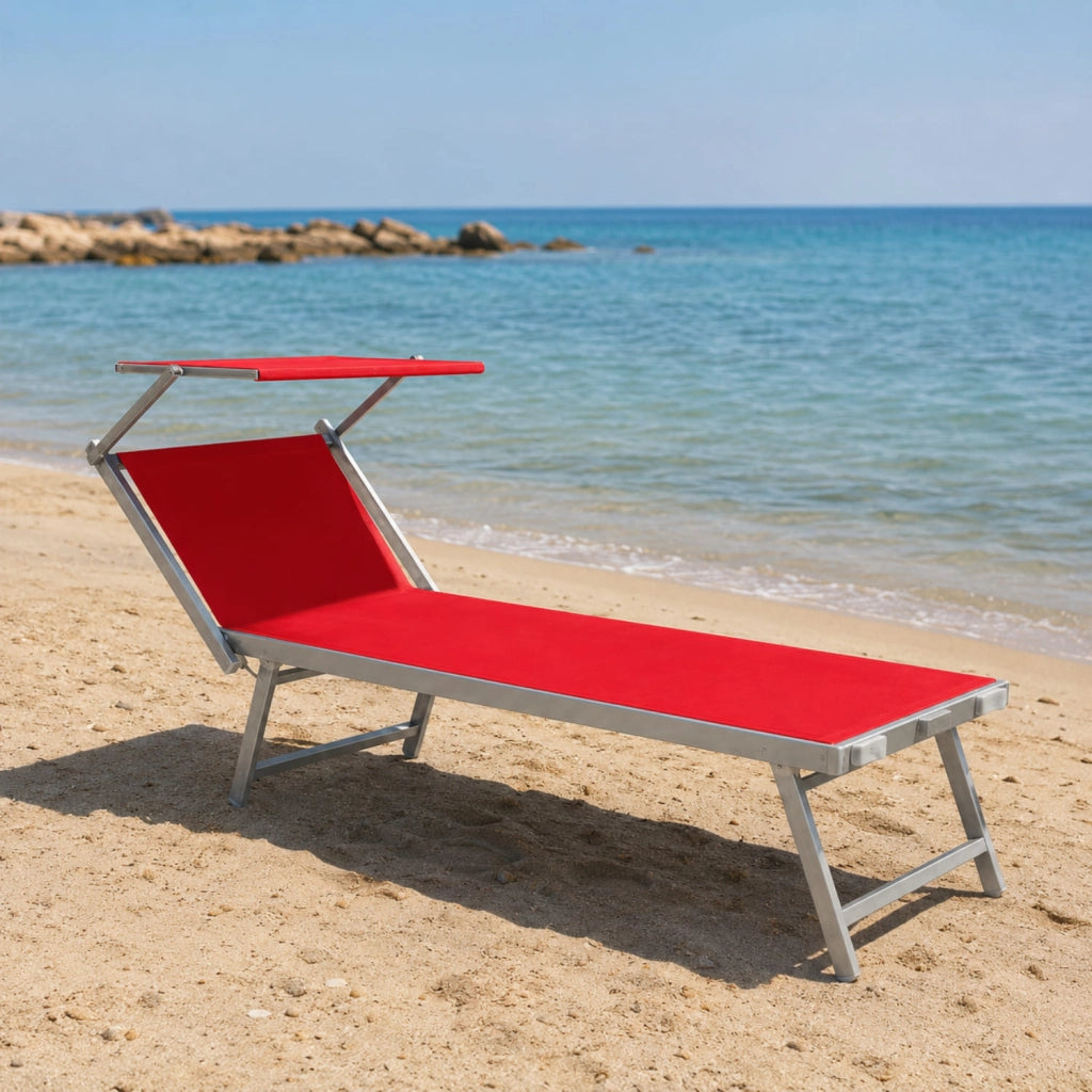 Lettino Prendisole Pieghevole Professionale In Alluminio E Tessuto Textilene Tettuccio Orientabile Tettino Parasole Sdraio Prendi Sole Mare Spiaggia Piscina Giardino 182 x 60 x 38 cm Rosso