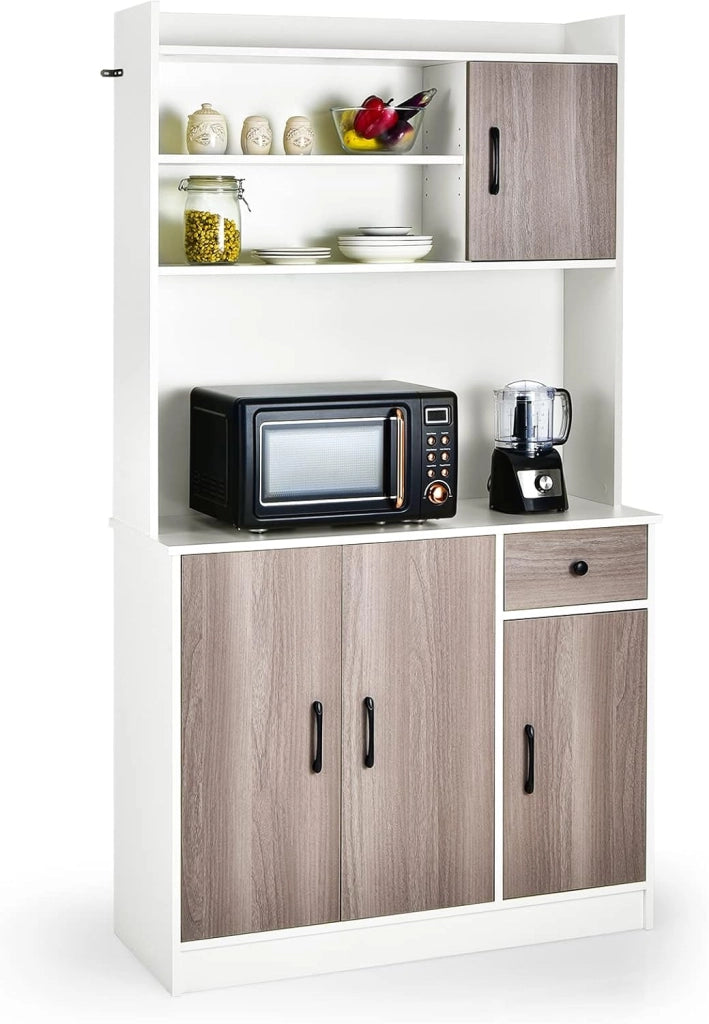 COSTWAY Armadio da Cucina Alto 180 CM, Credenza Alta da Cucina con Armadietti e Cassetto, Stazione di Ricarica Integrata, Ripiani Regolabili, 100 x 40 x 180 cm (Bianco)