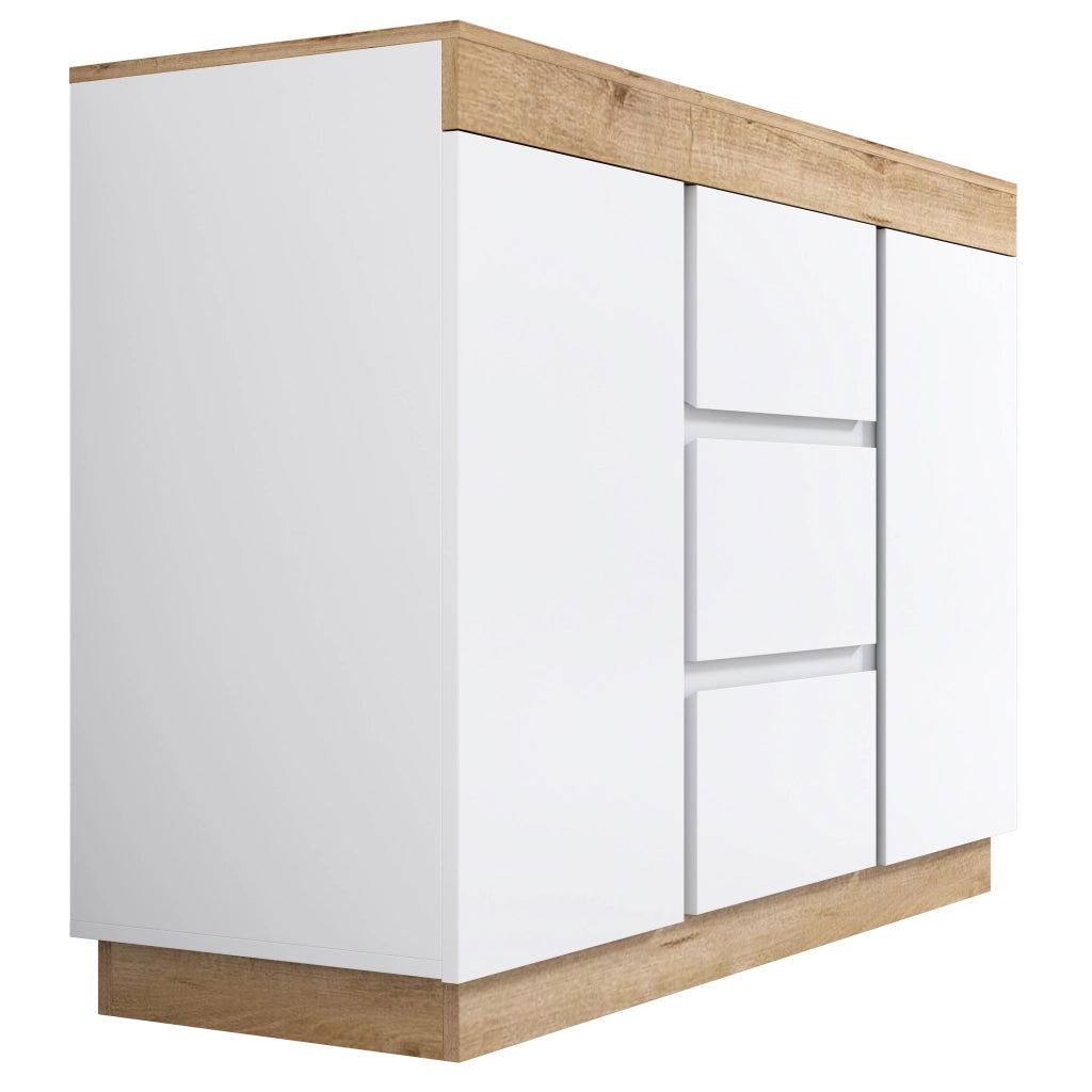 Cassettiera con 3 Cassetti e 2 Ante; Ampio Spazio Contenitivo; Stile Classico; in Pannello Truciolare; Bianco e Rovere