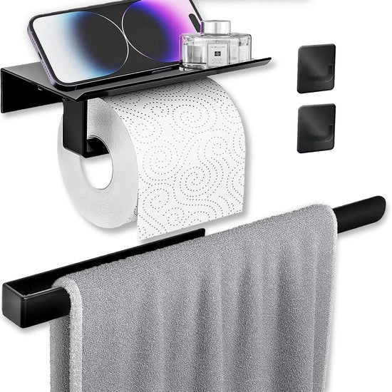 Supporto per Asciugamani con Supporto per Carta Igienica in Legno Nero Senza Fori, con Due Viti di Regolazione Extra. Kit per la Stanza da Bagno in Legno