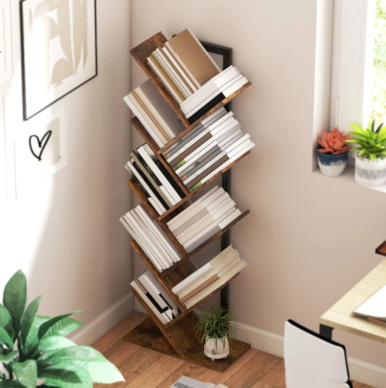 Libreria ad albero salvaspazio con 9 ripiani marrone rustico