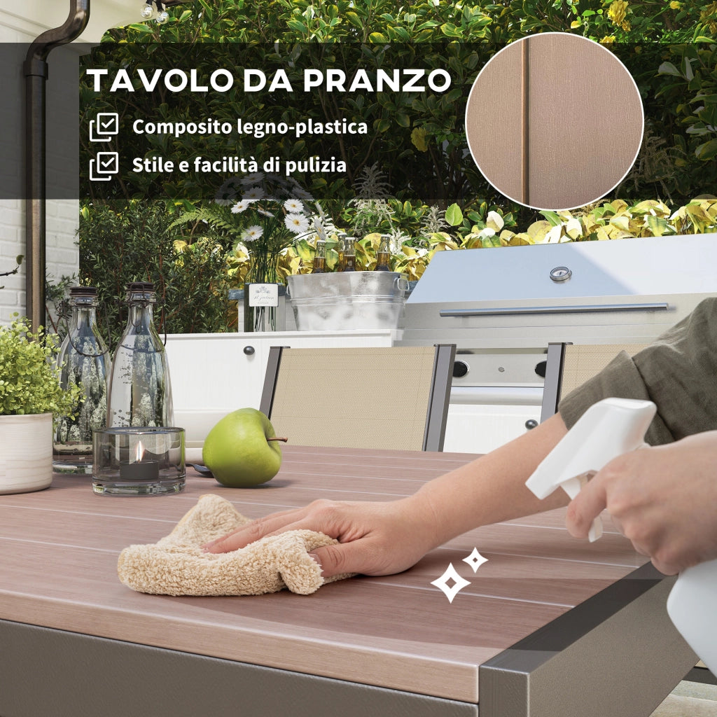 Set da Giardino 7 Pezzi con Tavolo Rettangolare e 6 Sedie Impilabili ¨C Xylo ¨C Plastica Kaki e Marrone