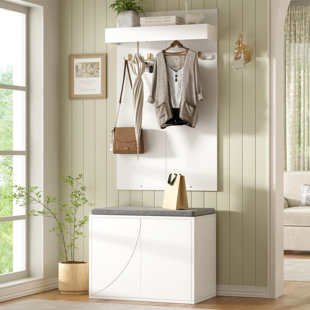Set ingresso 3 in 1 con attaccapanni, scarpiera a 2 ante e panca porta scarpe, bianco, 60¡Á35¡Á(45+100) cm
