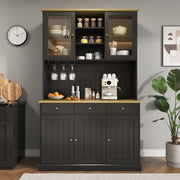 Credenza alta con ante in vetro, portabicchieri e prese USB, in truciolare nero per cucina 120 × 40 × 191 cm