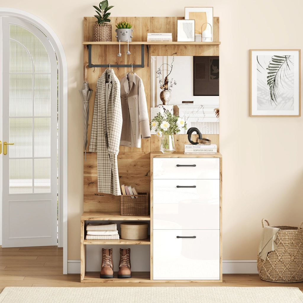 Mobile ingresso con specchio e panca portascarpe 100x38;5x190 cm bianco e legno naturale