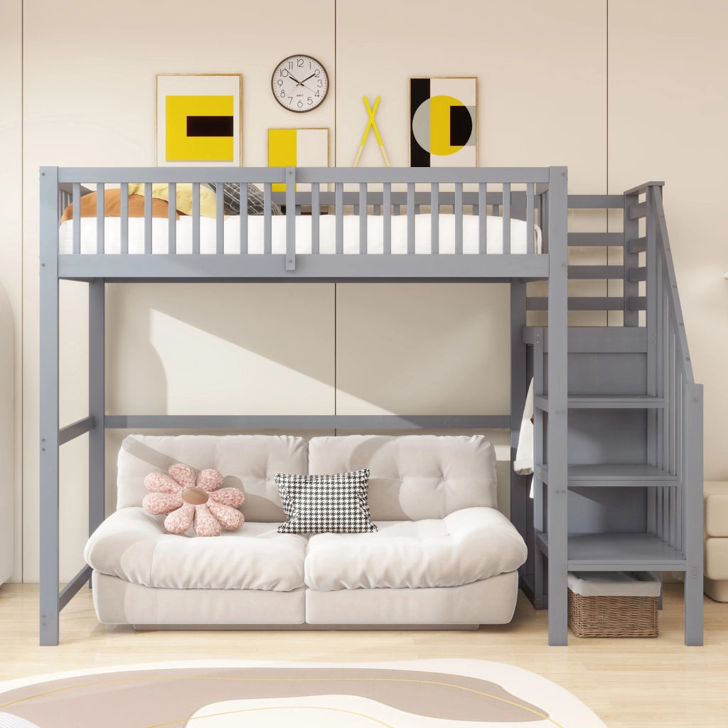 Letto a castello grigio con scala funzione contenitore in legno 90x200 cm