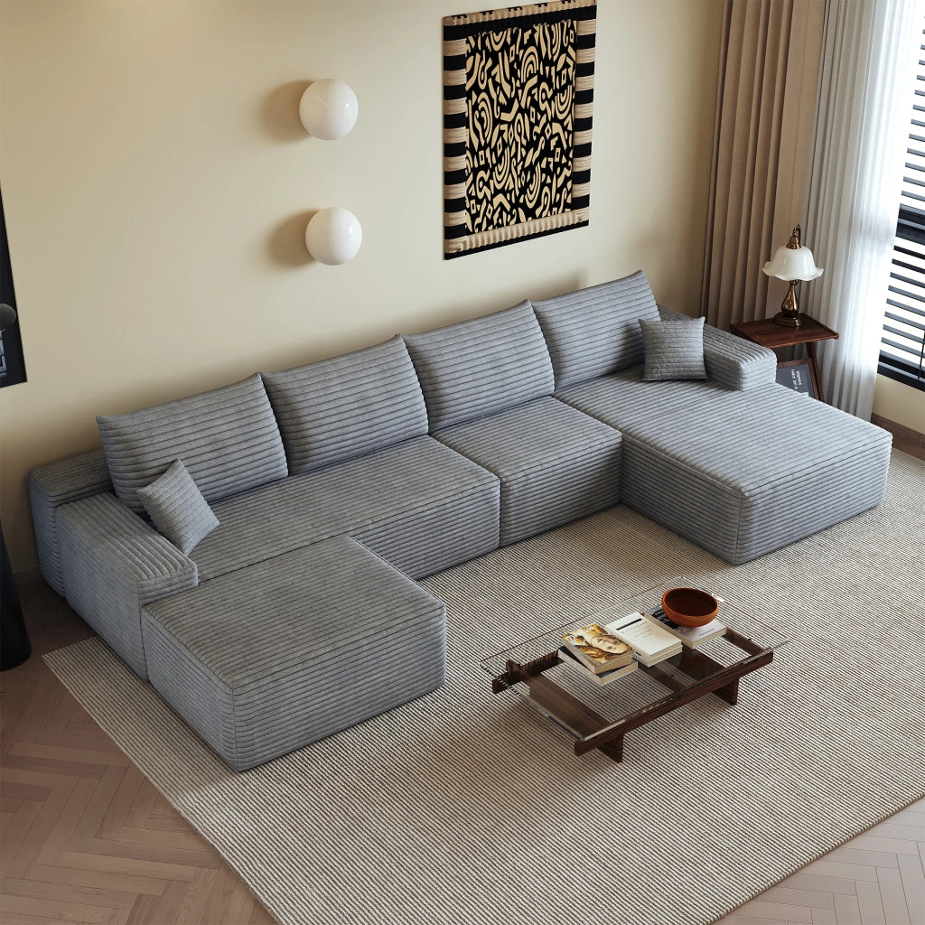 Divano angolare modulare in tessuto a coste con chaise longue e schiuma ad alta elasticità per soggiorno grigio