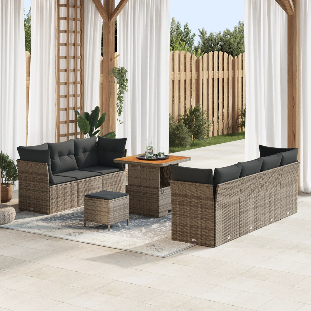 Set divani giardino  10 pezzi con cuscini in poly rattan grigio acacia