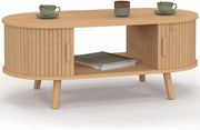 Tavolino ovale ROMIE, 100 cm, 2 ante scorrevoli, doghe in legno color rovere