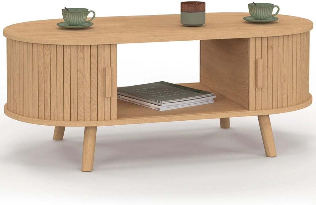 Tavolino ovale ROMIE, 100 cm, 2 ante scorrevoli, doghe in legno color rovere