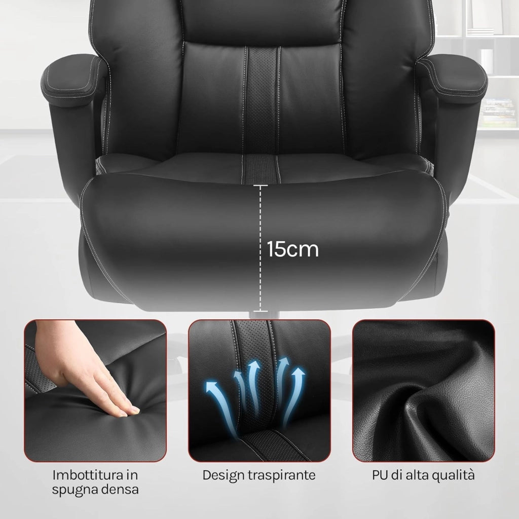 Sedia Ergonomica Da Ufficio, Poltrona Direzionale, Sedie Ufficio Regolabile in Altezza con Meccanismo Basculante, PU, Nero
