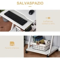 Tavolo Porta PC Classico e Salvaspazio, Piano Tastiera a Scomparsa, 4 Ruote e Ripiano Inferiore Bianco 60x48x73cm